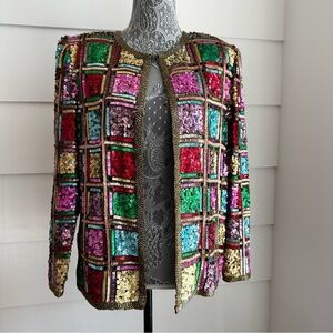 Vintage Sequin Jacket Windowpane Design by Laurence Kazar size Small